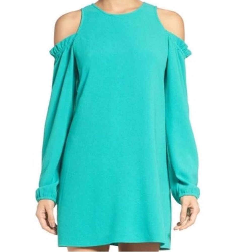Charles Henry Turquoise Cold-Shoulder Long Sleeve Dress